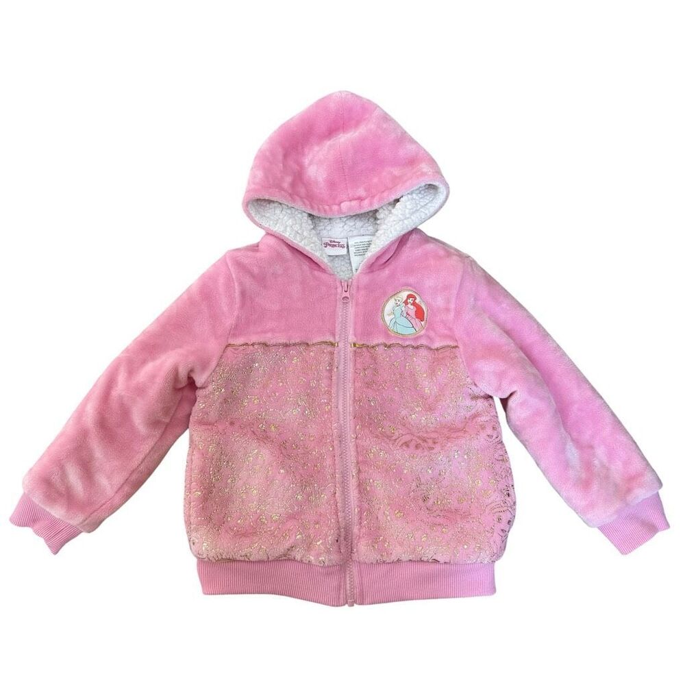 Disney Princess plush hoodie sherpa-lined hood gold foil filigree pattern sz 5
